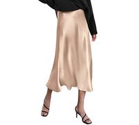 Zeagoo Womens Midi Skirt High Waisted Solid Satin Dress Zipper Elegant Work Skirts Light Khaki