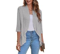 Zeagoo Women's Open Front Cardigan 3/4 Sleeve Draped Ruffles Soft Knit Sweaters S-3XL, Light Grey, Large