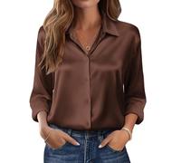 Zeagoo Women's Satin Blouse V-Neck Long Sleeve Satin Blouses Elegant Silk Blouse Causal Top Long Sleeve Shirts Business Shirt, brown, L