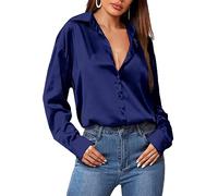 Zeagoo Women's Satin Blouse, V-Neck Long Sleeve Silk Blouse, Elegant Satin Blouses, Causal Top, Long Sleeve Shirt, Business Shirt, Navy Blue, M