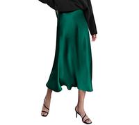 Zeagoo Women's Satin High Waist Hidden Elasticized Waistband Flared Casual A Line Midi Skirt Dark Green