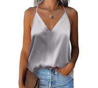 Zeagoo Womens Silk Satin Tank Tops Elegant Sleeveless Blouses V Neck Cami Vest Plain Basic Tank Cami Shirt Loose Fit Blouse Summer top Grey XL