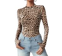 Zeagoo Women's Tops Mock Turtle Neck Mesh Top Long Sleeve Going Out Tops See Through Leopard Print Top Sheer Shirt XXL