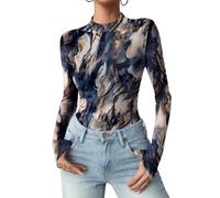 Zeagoo Womens Tops Sexy See Through Top Long Sleeve Lace Tops Fitted High Neck Mesh Sheer Top Floral XS