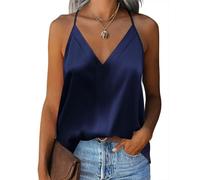 Zeagoo Women's V Neck Stain Camisole Vest Silk Loose Blouses Sleeveless Tank Tops Spaghetti Strap Cami Navy Blue XL