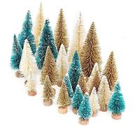 Zeako 24PCS Mini Christmas Trees Miniature Sisal Snow Frost Trees Tabletop Trees with Wooden Base, Models for Christmas Party Home Decoration Home Table Top Decoration (24pcs White+gold+green)