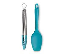 Zeal JSET11A Non-Stick Silicone Large Spatula Spoon & Cooking Tongs 2-Piece Set-Aqua
