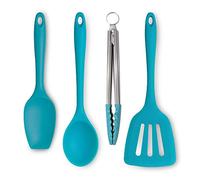 Zeal JSET40A Non-Stick Silicone Tongs, Turner, Spatula Cooks Spoon 4-Piece Set-Aqua