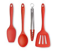 Zeal JSET40R Non-Stick Silicone Tongs, Turner, Spatula Cooks Spoon 4-Piece Set-Red