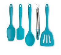 Zeal JSET45A Non-Stick Silicone Tongs, Turner, Spatula Cook Spoon 5-Piece Set-Aqua