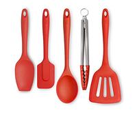 Zeal JSET45R Non-Stick Silicone Tongs, Turner, Spatula Cook Spoon 5-Piece Set-Red