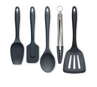 Zeal JSET45T Non-Stick Silicone Tongs, Turner, Spatula Cook Spoon 5-Piece Set-Dark Grey