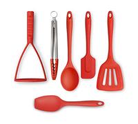 Zeal JSET47R Non-Stick Silicone Tongs, Turner, Cooks Spoon, Spatula & Masher 6-Piece Set-Red