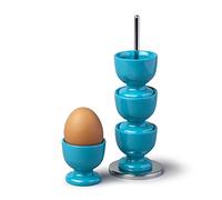 Zeal Stack and Store Egg Cups/Holders, Set of 4 with Chrome Storage and Carry Stand, Melamine, Aqua