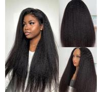 Zealady V Part Yaki Straight Wig Human Hair Upgrade U Part Yaki Wig 4x1 Hand Knit Lace Natural Scalp Beginners Friendly Party Essential Travel-Ready 180% Density 16 Inch