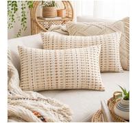 Zealax 12x20 Boho Throw Pillow Covers Lumbar Decorative Neutral Farmhouse Cushion Covers for Couch Bed Living Room, Cotton Textured Striped Pillowcases Set of 2, Latte
