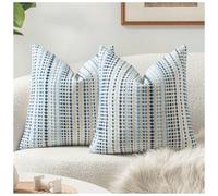 Zealax Neutral Throw Pillow Decorative Farmhouse Pillow Covers for Couch Bed Living Room, Cotton Textured Cushion Cover Striped Pillowcases Set of 2, 24x24 Inch, Blue