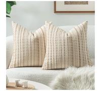 Zealax Neutral Throw Pillow Decorative Farmhouse Pillow Covers for Couch Bed Living Room, Soft Cotton Textured Cushion Cover Striped Pillowcases Set of 2, 18x18 Inch, Latte