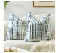 Zealax Neutral Throw Pillow Decorative Farmhouse Pillow Covers for Couch Bed Living Room, Soft Cotton Textured Cushion Cover Striped Pillowcases Set of 2, 18x18 Inch, Blue