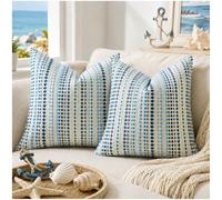 Zealax Neutral Throw Pillow Decorative Farmhouse Pillow Covers for Couch Bed Living Room, Soft Cotton Textured Cushion Cover Striped Pillowcases Set of 2, 18x18 Inch, Blue