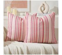 Zealax Pillow Covers 18x18 Decorative Boho Throw Pillows for Couch Bed Living Room, Square Striped Farmhouse Cushion Cover Cotton Textured Pillow Cases Set of 2, Red and Pink