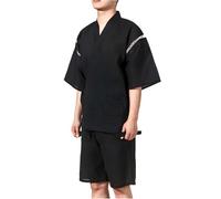 ZEALMAX Men's Kimono Japanese Shirt and Shorts Suit, Cotton Linen Loungewear Lounge Set Spa Bathrobe, Black