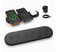 ZealSound 3-in-1 Wireless Charger, 15W Fast Charging Mat, w/ 36W UK Adapter | Ultra-Slim PU Leather, Compatible with iPhone, Samsung Galaxy, Pixel, AirPods and Galaxy Buds, Portable Phone Charger, Black