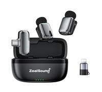 zealsound Mini Wireless Lavalier Microphone for iPhone Android iPad PC(w/USB-C/Lightning Plug+2 Lav Mic),Mute/Noise Cancelling/33Hrs Battery Life/100m, Lapel Mic for Podcast TikTok, YouTube, Silver