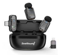 zealsound Mini Wireless Lavalier Microphone for iPhone, iPads, Android, Dual Clip On Lapel Mics with Noise Cancelling, Mute & 33H Battery, Plug & Play for Vlog, Podcast & Interview, Transparent Black