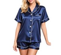 ZeaMolly Women’s Satin Pajama Set Short Sleeve Womens Button Down Sleepwear Silk Soft Loungewear 2 Piece Pjs with Shorts Summer Nightwear Homewear Elegant Comfy With Pocket