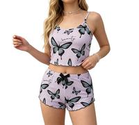 ZeaMolly Women's 2 Piece Pyjama Sets Summer Butterfly Print V-Neck Cami Tops and Shorts Pj Sets Elatisch Waist Shorts Soft Loungwear Sleepwear Elegant Crop Tank Top Nightwear for Women Uk S-XL