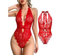 ZeaMolly Women's Bodysuit Sexy Lingerie Halter Neck Bow Tie Teddy Underwear Deep V Hollow-out Transparent Babydoll Leotard Naughty Sleepwear Floral Soft Lace Backless Female Chemise Negligee