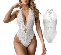 ZeaMolly Women's Bodysuit Sexy Lingerie Halter Neck Bow Tie Teddy Underwear Deep V Hollow-out Transparent Babydoll Leotard Naughty Sleepwear Floral Soft Lace Backless Female Chemise Negligee