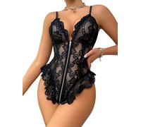 ZeaMolly Women's Elegant Bodysuits Plus Size Soft Floral Lace Tops, Sexy Deep V Lingerie, Zipper Closure Leotard Naughty Teddy Underwear, Lined Bodysuit Tank Tops Female Nightwear Babydoll Jumpsuit