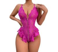 ZeaMolly Women's Zipper Closure Leotard Naughty Teddy Underwear, Elegant Bodysuit Plus Size Soft Floral Lace Tops, Sexy Deep V Lingerie Tank Top Female Babydoll Nightwear for Xmas Santa Chrismas