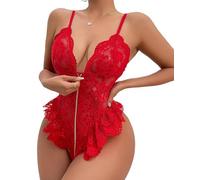 ZeaMolly Women's Zipper Closure Leotard Naughty Teddy Underwear, Elegant Bodysuit Plus Size Soft Floral Lace Tops, Sexy Deep V Lingerie Tank Top Female Babydoll Nightwear for Valentine's Day