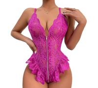 ZeaMolly Women's Zipper Closure Leotard Naughty Teddy Underwear, Elegant Bodysuit Plus Size Soft Floral Lace Tops, Sexy Deep V Lingerie Tank Top Female Babydoll Nightwear for Valentine's Day