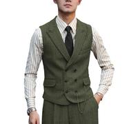 Zeattall Men Vests Wool Herringbone Tweed Suit Vest Double Breasted Waistcoat, Army Green, X-Large