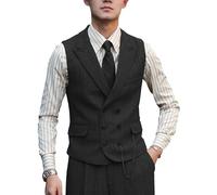 Zeattall Men Vests Wool Herringbone Tweed Suit Vest Double Breasted Waistcoat, Black, X-Large