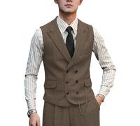 Zeattall Men Vests Wool Herringbone Tweed Suit Vest Double Breasted Waistcoat, Brown, XX-L