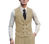 Zeattall Men Vests Wool Herringbone Tweed Suit Vest Double Breasted Waistcoat, Champagne, XX-L