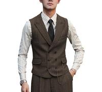 Zeattall Men Vests Wool Herringbone Tweed Suit Vest Double Breasted Waistcoat, Coffee, X-Large