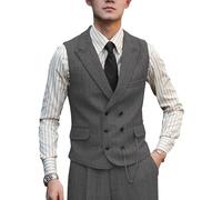 Zeattall Men Vests Wool Herringbone Tweed Suit Vest Double Breasted Waistcoat, Grey, 3XL
