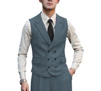 Zeattall Men Vests Wool Herringbone Tweed Suit Vest Double Breasted Waistcoat, Light Navy, XL