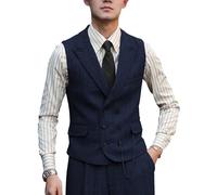 Zeattall Men Vests Wool Herringbone Tweed Suit Vest Double Breasted Waistcoat, Navy, Medium