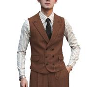 Zeattall Men Vests Wool Herringbone Tweed Suit Vest Double Breasted Waistcoat, Orange, X-Large