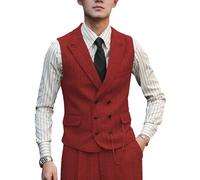 Zeattall Men Vests Wool Herringbone Tweed Suit Vest Double Breasted Waistcoat, Red, X-Large