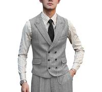 Zeattall Men Vests Wool Herringbone Tweed Suit Vest Double Breasted Waistcoat, Silver, X-Large