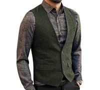 Zeattall Men's Herringbone Tweed Wool Suit Vest Single Breasted Slim Fit Waistcoat Vest, Army Green, S