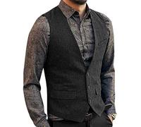 Zeattall Men's Herringbone Tweed Wool Suit Vest Single Breasted Slim Fit Waistcoat Vest, Black, XXXL